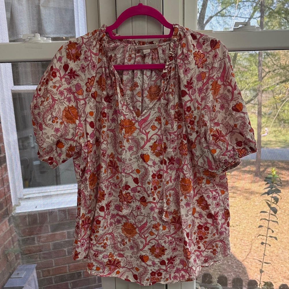 Knox Rose Pink & Orange Floral Puff-Sleeve 100% Cotton V-Neck Blouse Sz XL